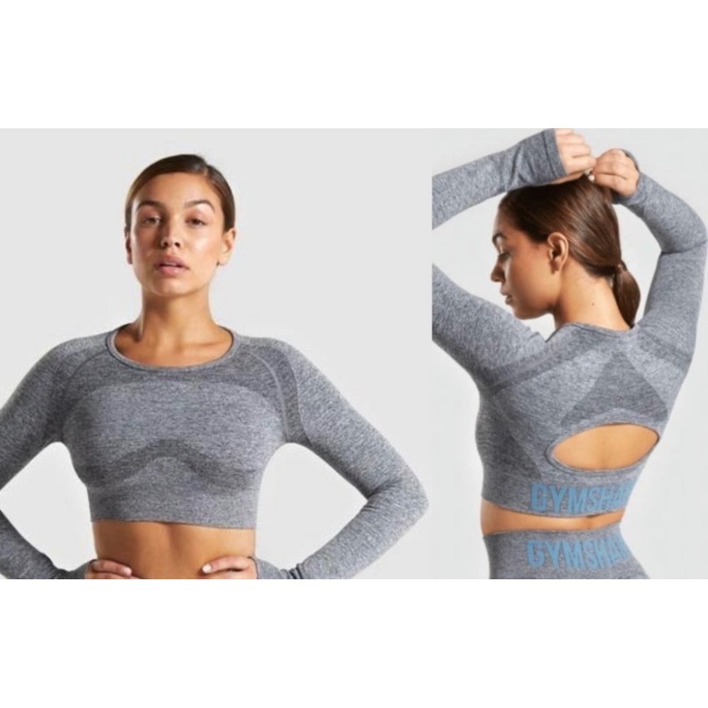 Gymshark Flex Crop Top S/M Grey Long Sleeve Seamless Open Back Thumbholes